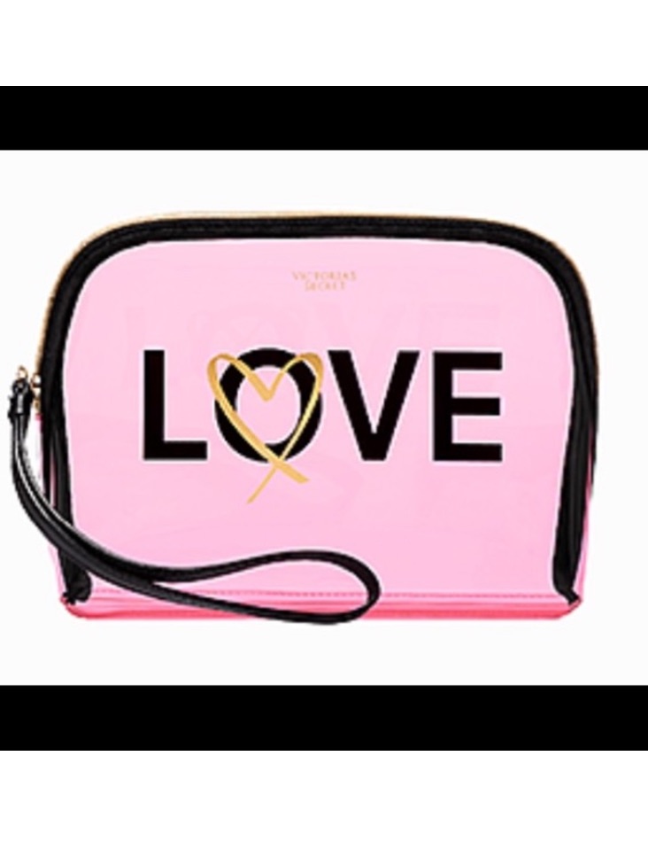 Nwt Victoria’s Secret Pink & Black “Love”Wristlet Pouch Beauty Bag & Gold Heart